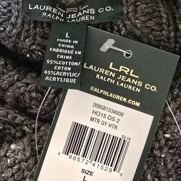 LRL Ralph Lauren Grey Cowl Neck Cable Knit Classic Sweater Size Large New! - Picture 4 of 7